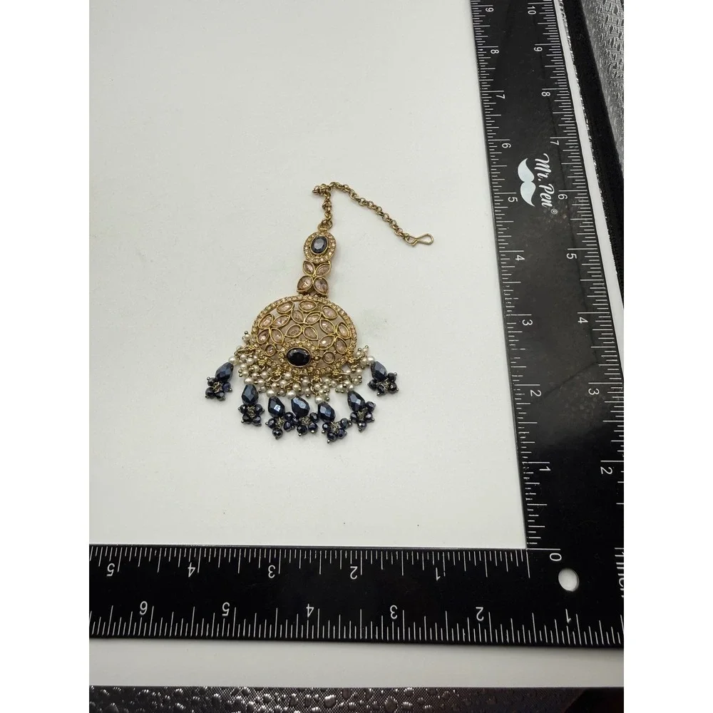 Gold Tone Maang Tikka Navy‎ Blue Crystal Faux Pearl Indian Bridal Headpiece